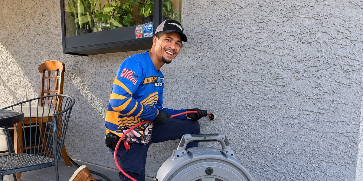A Monkey Wrench technician setting up a drain machine to cable a main sewer line at a Las Vegas home