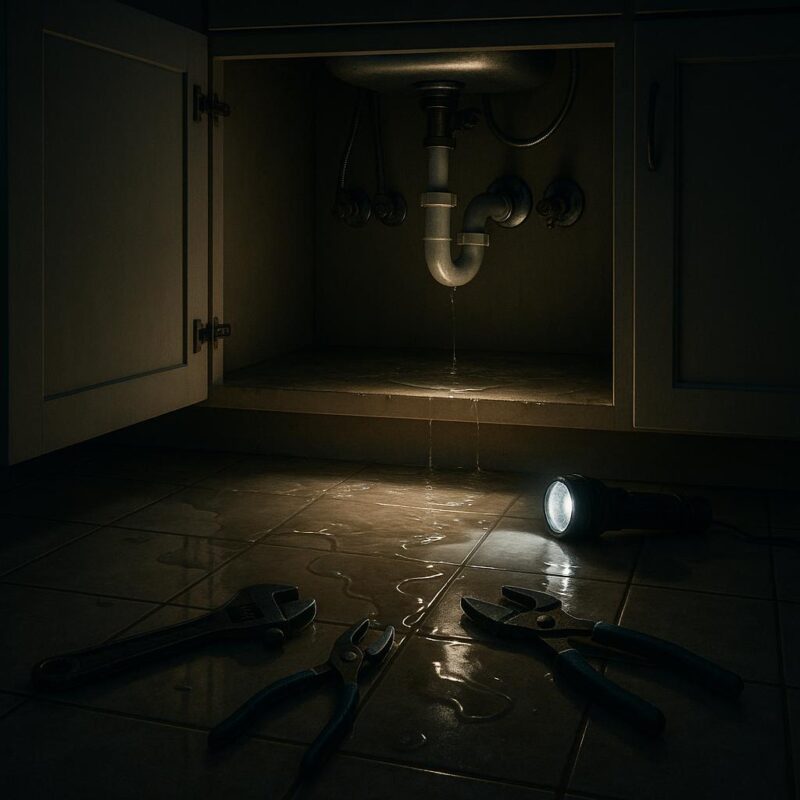 Photorealistic illustration of a kitchen with water flooding the floor and plumbing tools, depicting a home emergency plumbing situation at night.