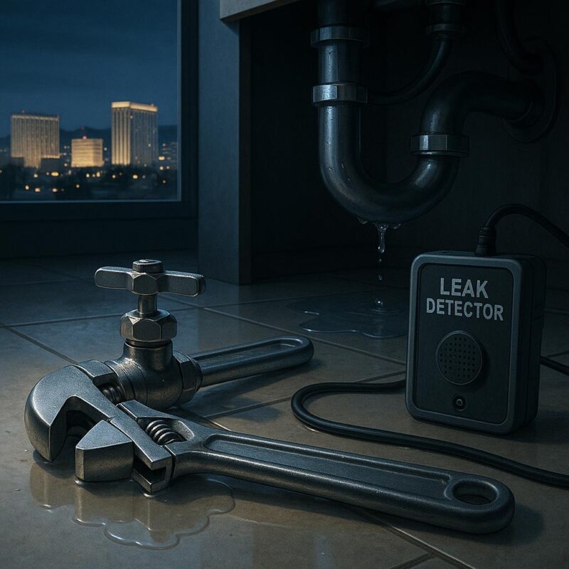Photorealistic illustration of a plumbing emergency in a modern Las Vegas home, showing leaking pipes, water on the floor, and professional plumbing tools.