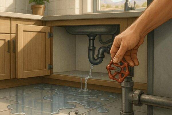Photorealistic illustration of a kitchen plumbing emergency with water pooling on the floor, a wrench, and a hand turning off the main valve, set in a North Las Vegas home.