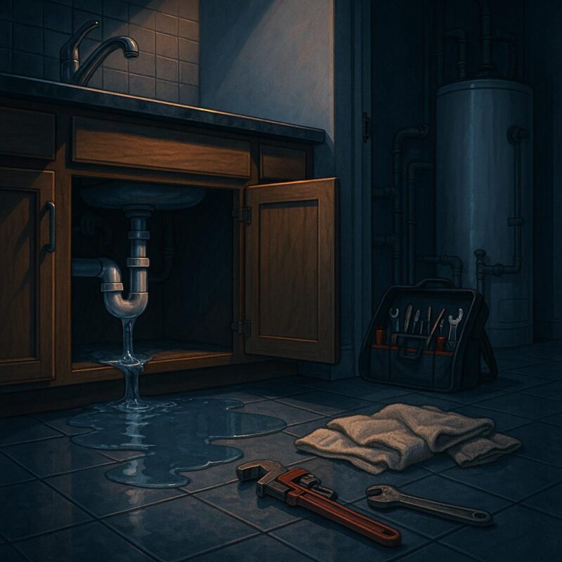 Photorealistic illustration of a kitchen floor flooded from a burst pipe, with plumbing tools and a water heater suggesting an emergency plumbing situation in a Sunrise Manor home.