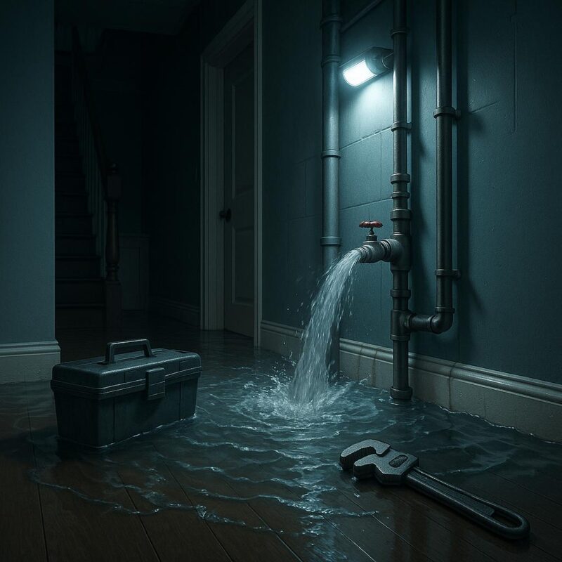Illustrated scene of a flooded hallway with burst pipe, tools, and plumbing elements representing a home plumbing emergency.