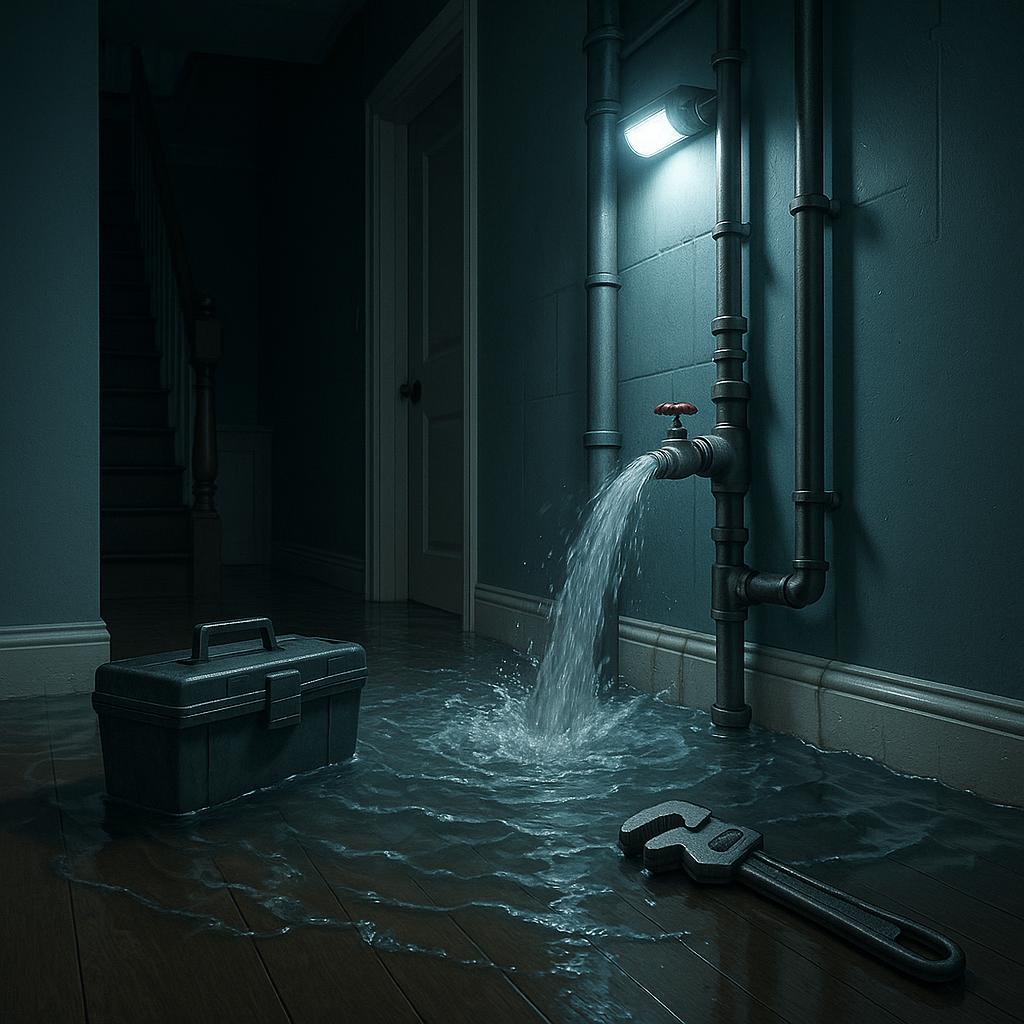 Illustrated scene of a flooded hallway with burst pipe, tools, and plumbing elements representing a home plumbing emergency.