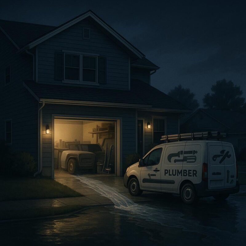 Illustrated image of a suburban house at night with a plumber's van parked in the driveway and water leaking from the home, representing an emergency plumbing situation.