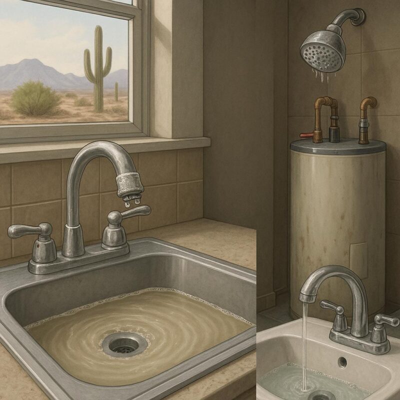 Illustrated residential kitchen and bathroom showing plumbing issues like hard water scale on faucets, a slow-draining sink, and a water heater with sediment, representative of common plumbing problems in Sunrise Manor homes.