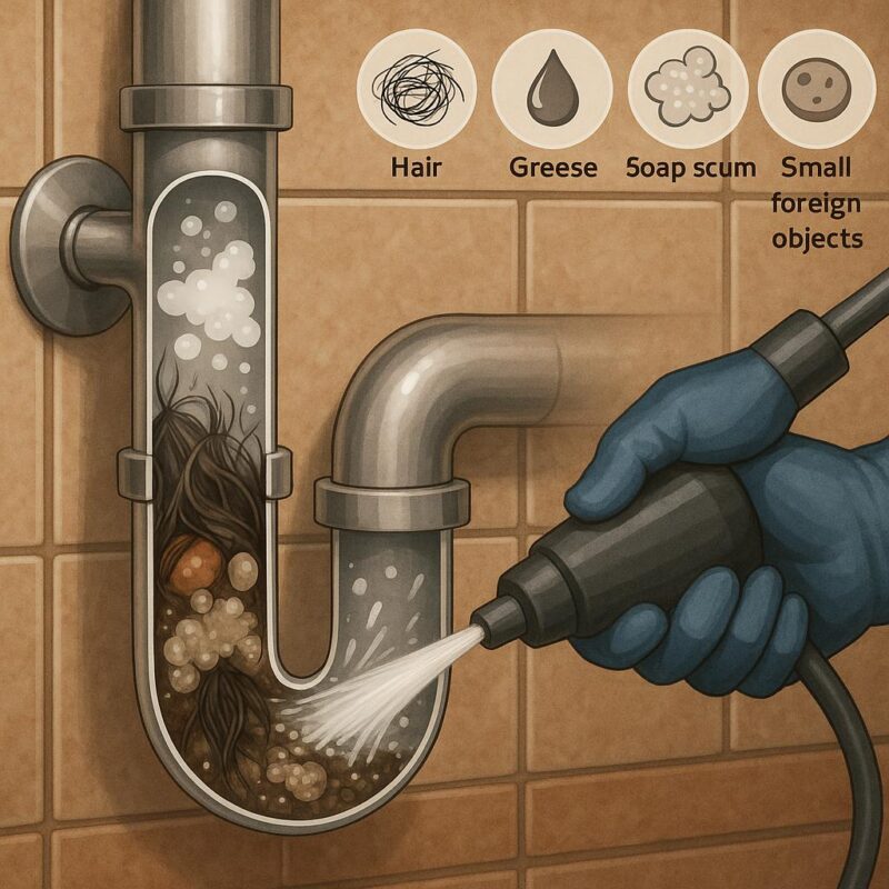 Illustrated, photorealistic scene of a plumber using hydro jetting equipment to clear clogs from residential pipes, highlighting common causes like grease and hair, in a modern Paradise, NV home.