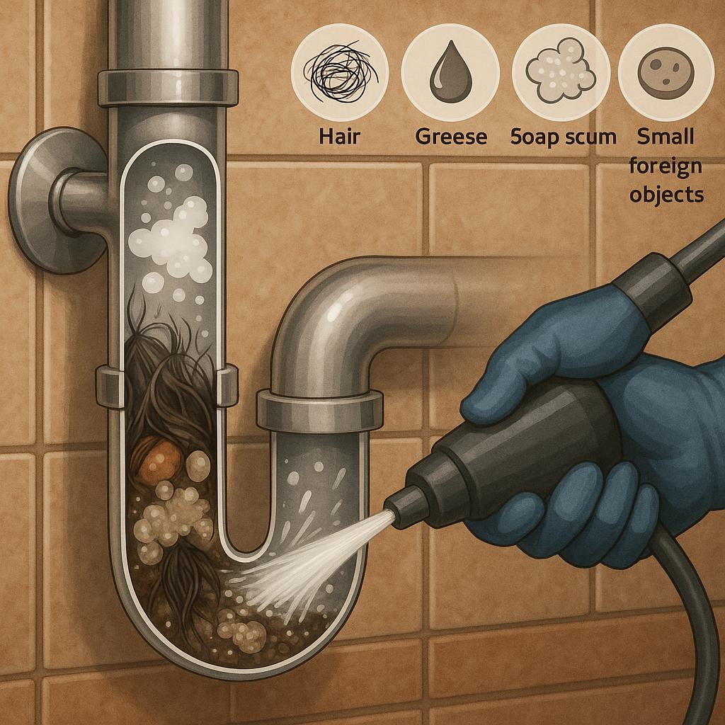 Illustrated, photorealistic scene of a plumber using hydro jetting equipment to clear clogs from residential pipes, highlighting common causes like grease and hair, in a modern Paradise, NV home.
