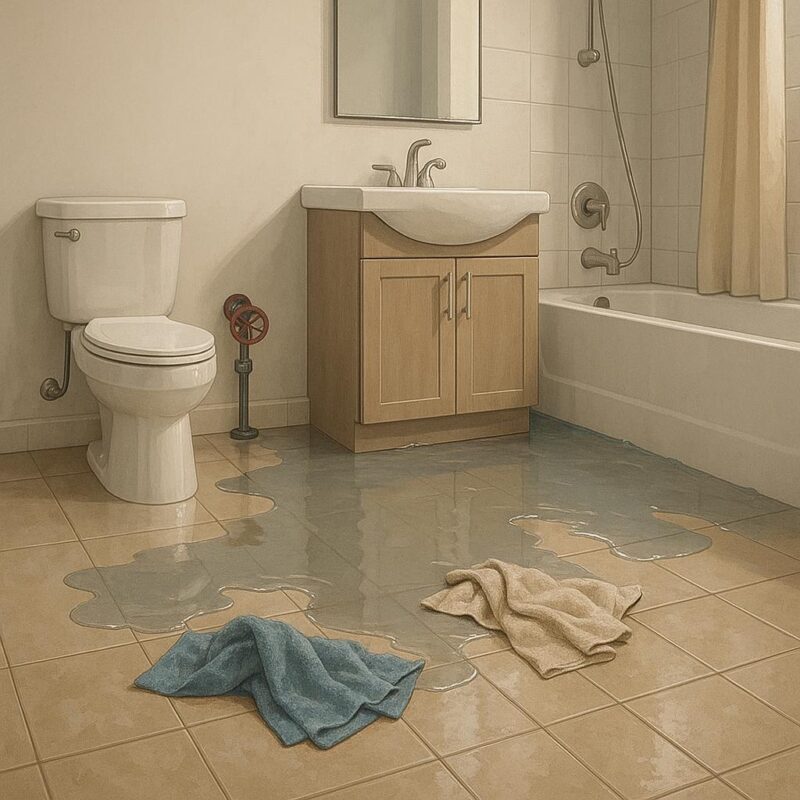 Photorealistic illustrated bathroom with water on the floor and shut-off valve, representing a plumbing emergency in a Sunrise Manor home.