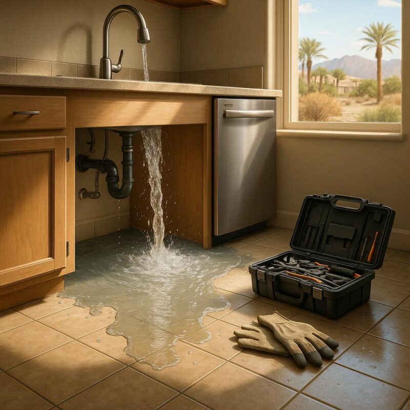 Photorealistic illustration of a burst kitchen pipe with water flooding the floor, plumbing tools, and a Las Vegas home interior.