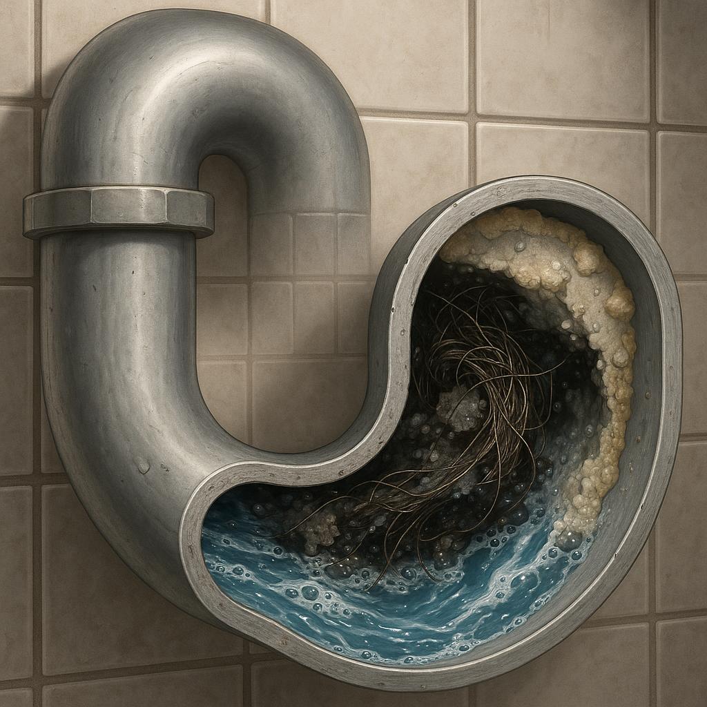 Photorealistic illustration of a residential drain pipe cross-section partially clogged with hair, grease, and mineral deposits, representing a typical household plumbing blockage.
