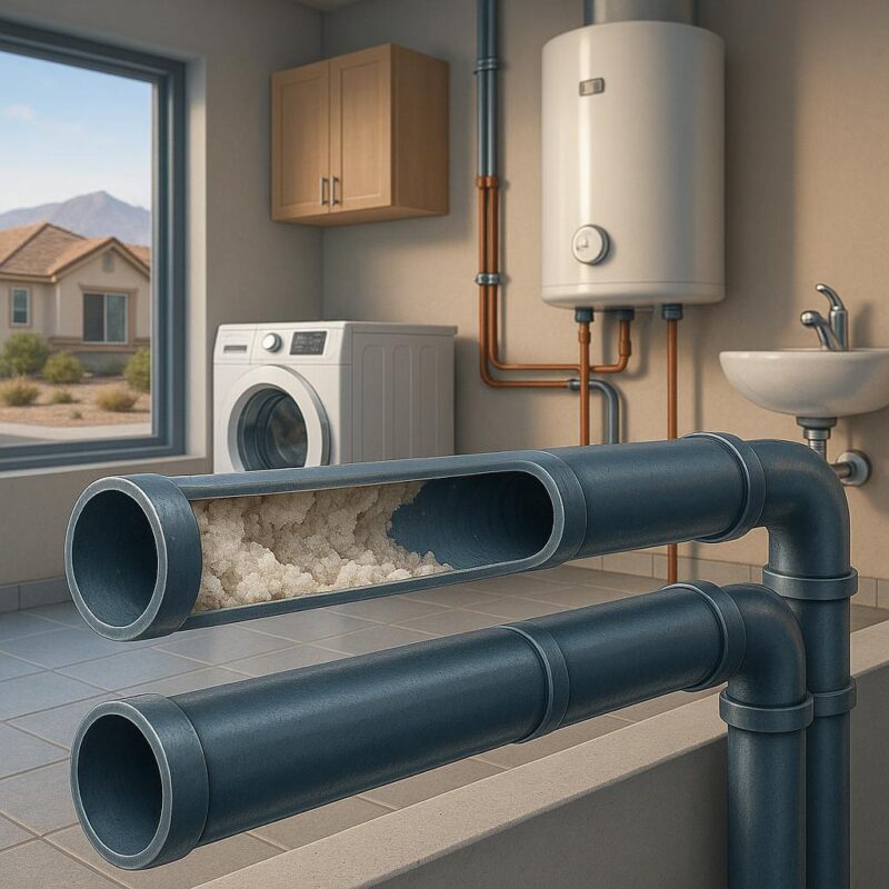 Photorealistic illustration showing limescale buildup and clean pipes in a home’s plumbing system with household appliances in the background, representing hard water effects and water filtration in Whitney, Nevada homes.