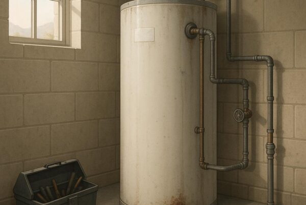 Photorealistic illustration of a home water heater with visible signs of distress like rust, leaking water, and mineral buildup, accompanied by plumbing tools in a utility room setting.