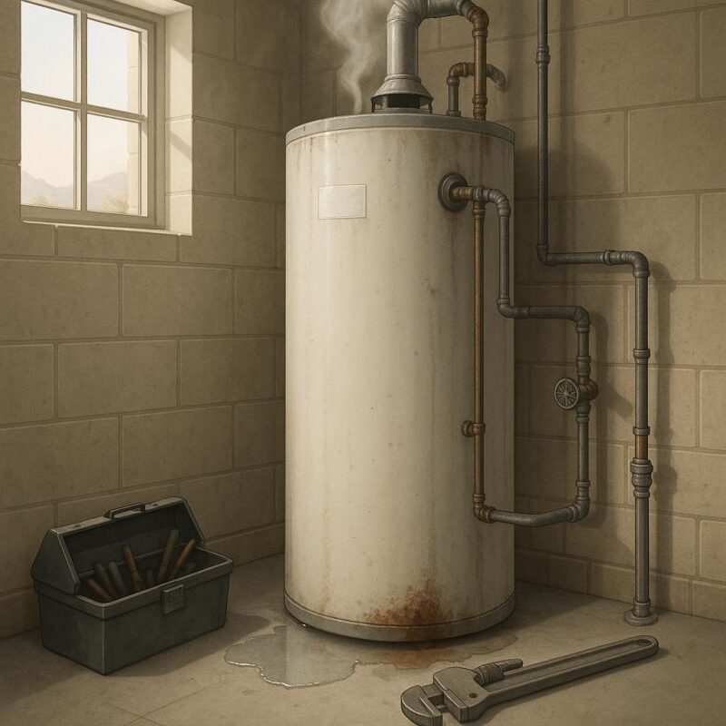 Photorealistic illustration of a home water heater with visible signs of distress like rust, leaking water, and mineral buildup, accompanied by plumbing tools in a utility room setting.