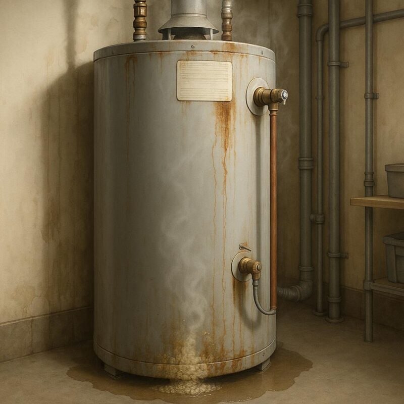 Photorealistic illustrated image of a worn residential water heater in a home utility room showing signs of rust, sediment buildup, and a small water leak, highlighting potential issues for homeowners.