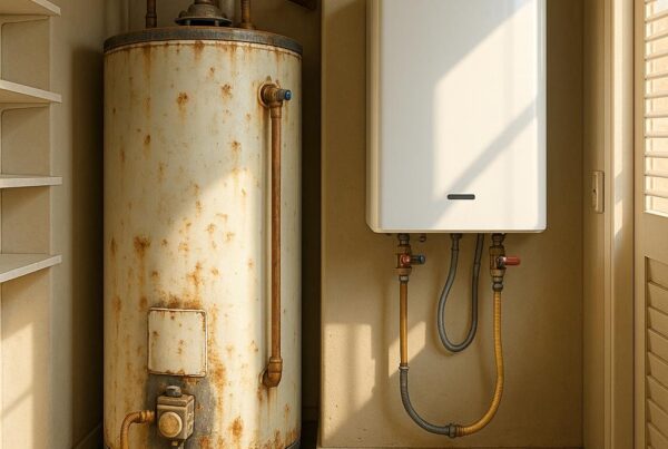 An illustration comparing an old, rusty traditional water heater with leaks and a modern, tankless water heater installed in a clean Las Vegas utility closet.