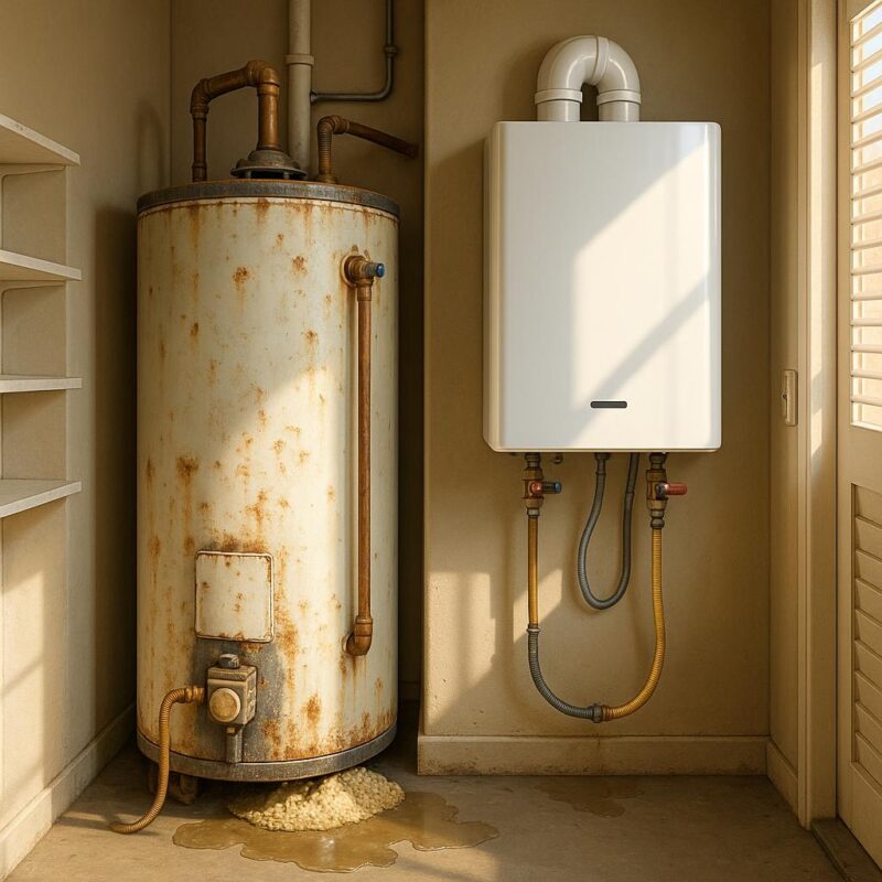 An illustration comparing an old, rusty traditional water heater with leaks and a modern, tankless water heater installed in a clean Las Vegas utility closet.