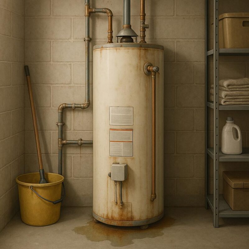 Photorealistic illustrated image of a residential water heater in a utility room showing slight rust, moisture, and signs of wear.