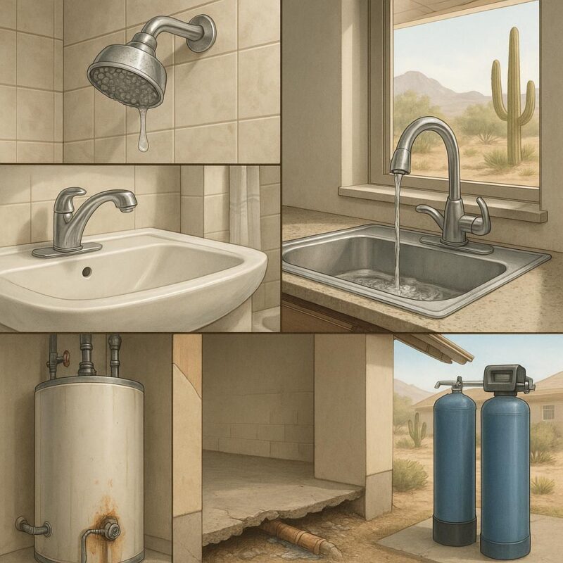 Photorealistic illustration showing common plumbing issues inside a Spring Valley, Las Vegas home, including dripping faucets, hard water buildup, slow drains, a water heater with mineral deposits, and a hidden slab leak.