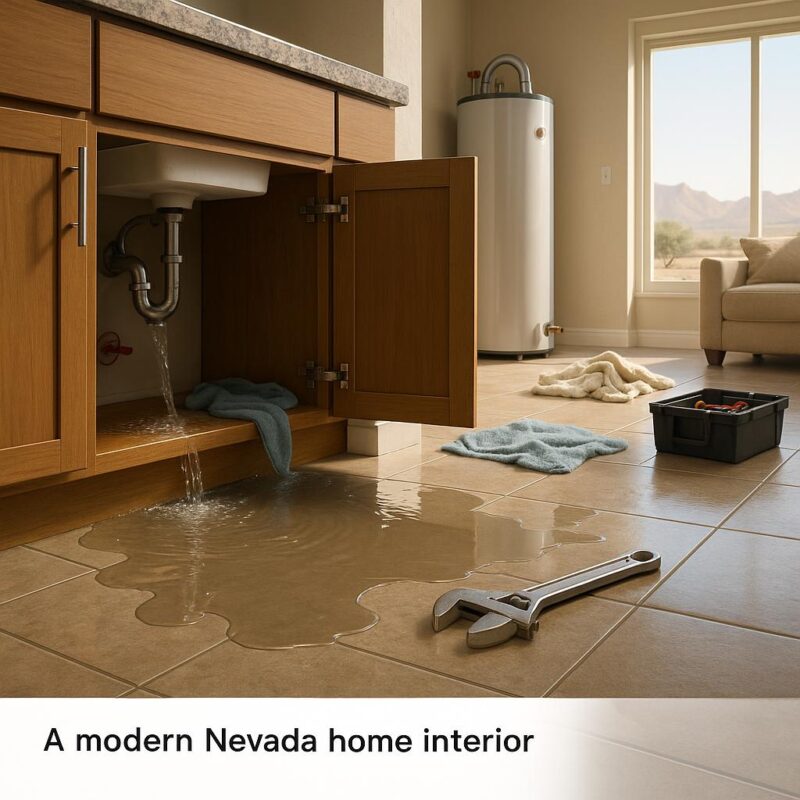 Photorealistic illustration of a Nevada home kitchen experiencing a water leak emergency with a burst pipe, visible water pooling, closed valve, and professional plumbing tools nearby.