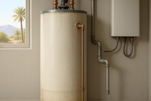 Illustrated image of a traditional and tankless water heater in a bright Las Vegas utility room, highlighting issues like sediment buildup and a small leak.