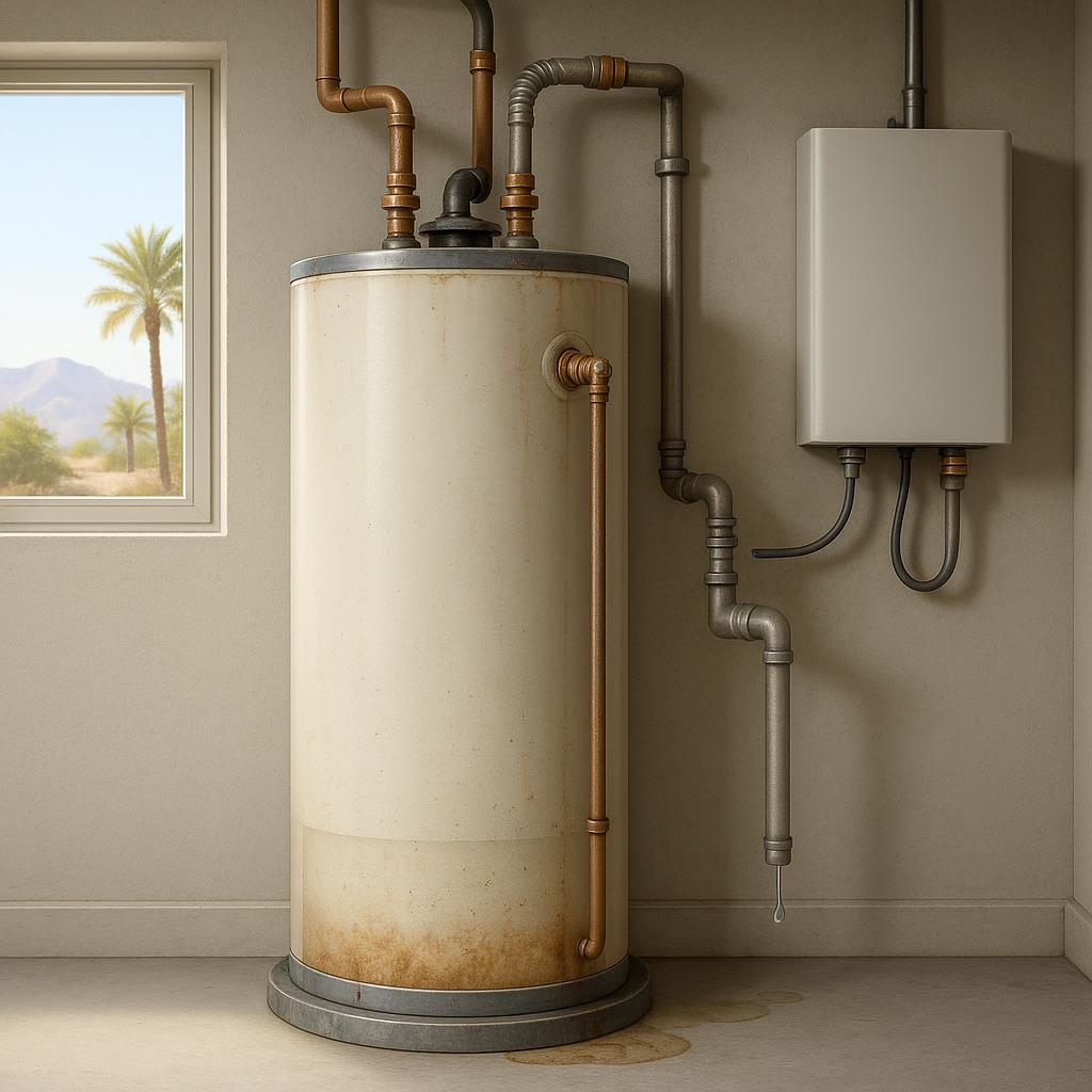 Illustrated image of a traditional and tankless water heater in a bright Las Vegas utility room, highlighting issues like sediment buildup and a small leak.