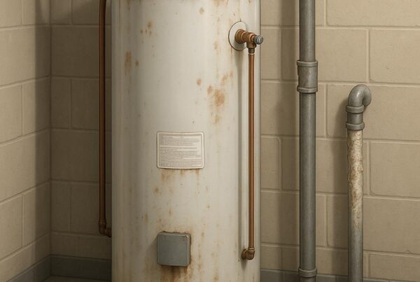Photorealistic illustration of a home water heater in a utility room showing signs of wear, minor rust, and leaking, highlighting issues from hard water common in North Las Vegas homes.