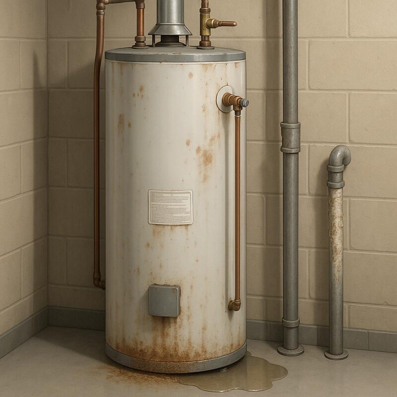 Photorealistic illustration of a home water heater in a utility room showing signs of wear, minor rust, and leaking, highlighting issues from hard water common in North Las Vegas homes.