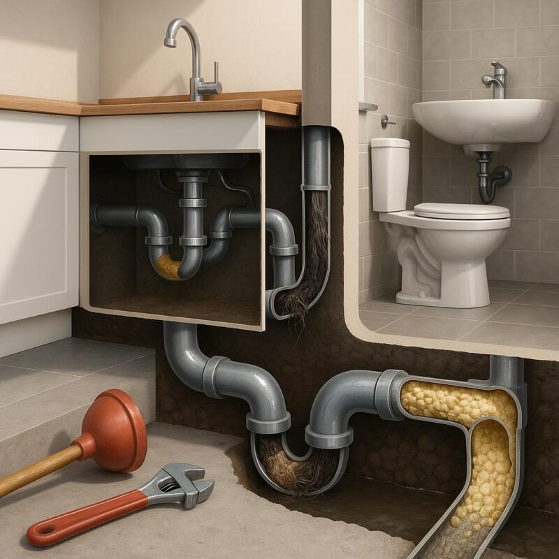 Illustrated cutaway of home pipes showing grease, hair, and mineral scale buildup inside plumbing, with plumbing tools nearby, highlighting drain issues related to hard water in North Las Vegas.