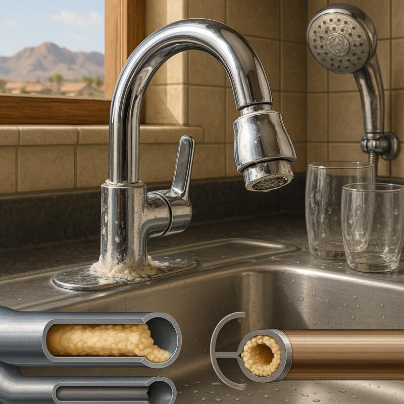 Photorealistic illustration showing hard water mineral buildup on a kitchen faucet, dishes, and showerhead, with scale deposits inside pipes, representing typical hard water damage in a Las Vegas home.