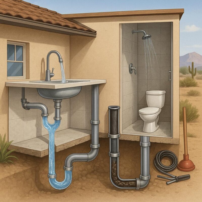 Photorealistic illustrated cross-section showing clogged and clear drain pipes in a modern Winchester, Nevada home, including plumbing fixtures and common blockage causes.