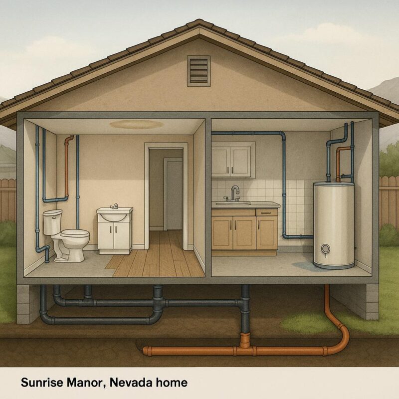 Photorealistic illustrated cross-section of a home showing hidden plumbing problems like water stains on ceilings, puddles by the water heater, and a damp spot in the yard.