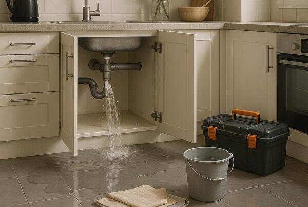 Photorealistic illustration of a kitchen with water leaking from under the sink, towels and a plumber's toolbox nearby, representing a plumbing emergency in a home.