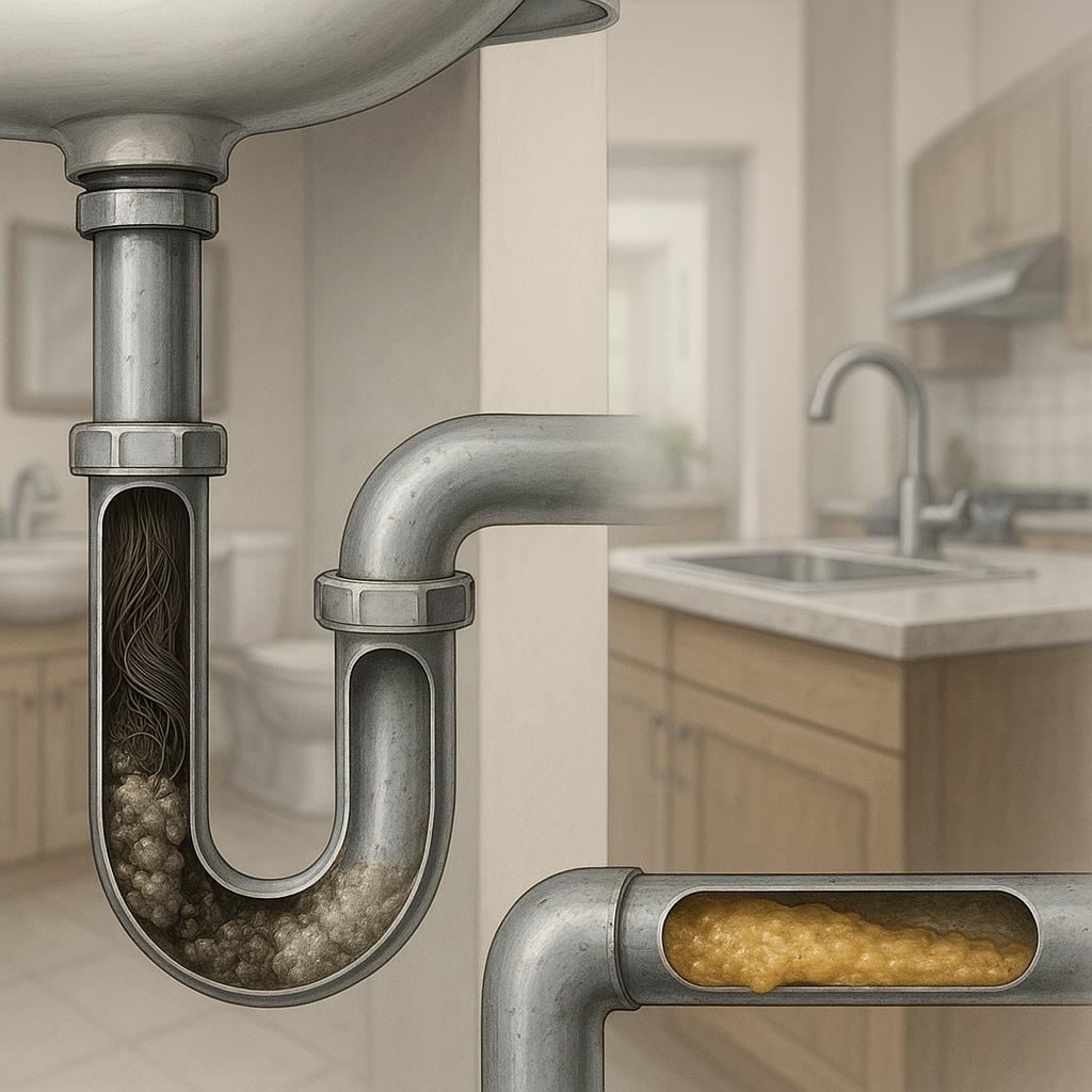 Photorealistic illustration showing cutaway views of home drain pipes with realistic clogs and mineral buildup, representing common causes of plumbing issues in a residential bathroom and kitchen.