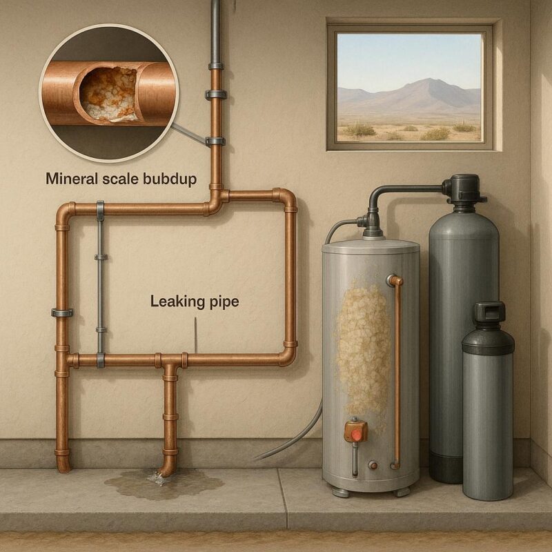 Illustrated cross-section of a Las Vegas home showing plumbing pipes with hard water mineral buildup, a water heater with sediment, and a slab foundation leak, set in a desert environment.