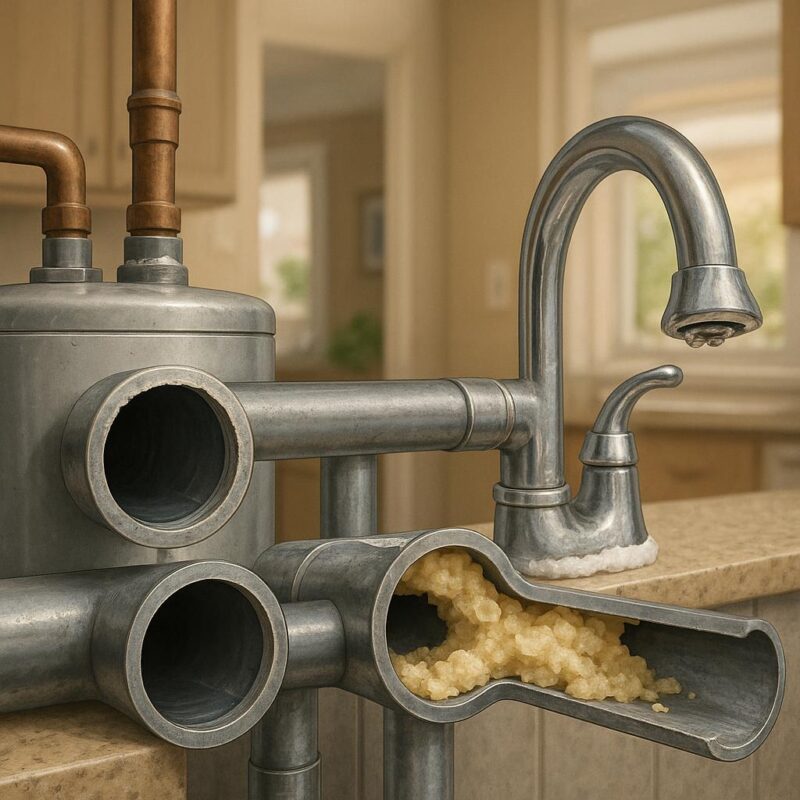 Illustrated cross-section of household pipes with mineral buildup, water heater, and faucet showing hard water damage in a Las Vegas home.