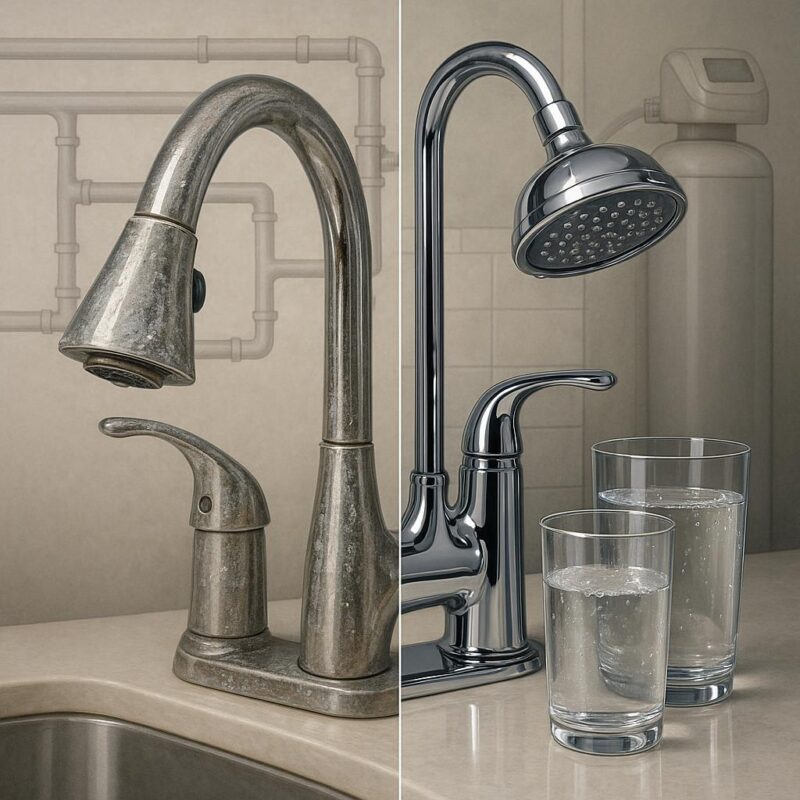 Illustrated comparison of household fixtures with and without hard water damage, featuring limescale buildup and clean surfaces to demonstrate the benefits of water softening and filtration in a Winchester, NV home.