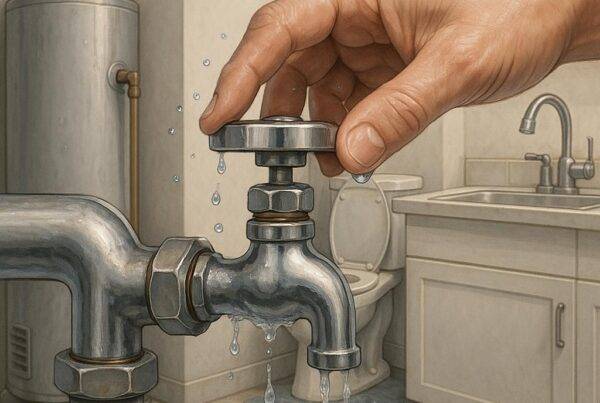 Photorealistic illustration of a bathroom with a hand turning off a water shut-off valve, showing signs of plumbing emergencies like a dripping faucet and an overflowing toilet in a modern Spring Valley home.