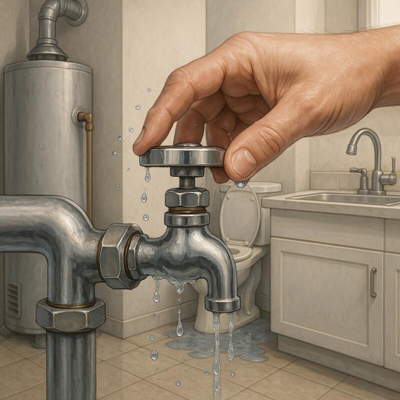 Photorealistic illustration of a bathroom with a hand turning off a water shut-off valve, showing signs of plumbing emergencies like a dripping faucet and an overflowing toilet in a modern Spring Valley home.
