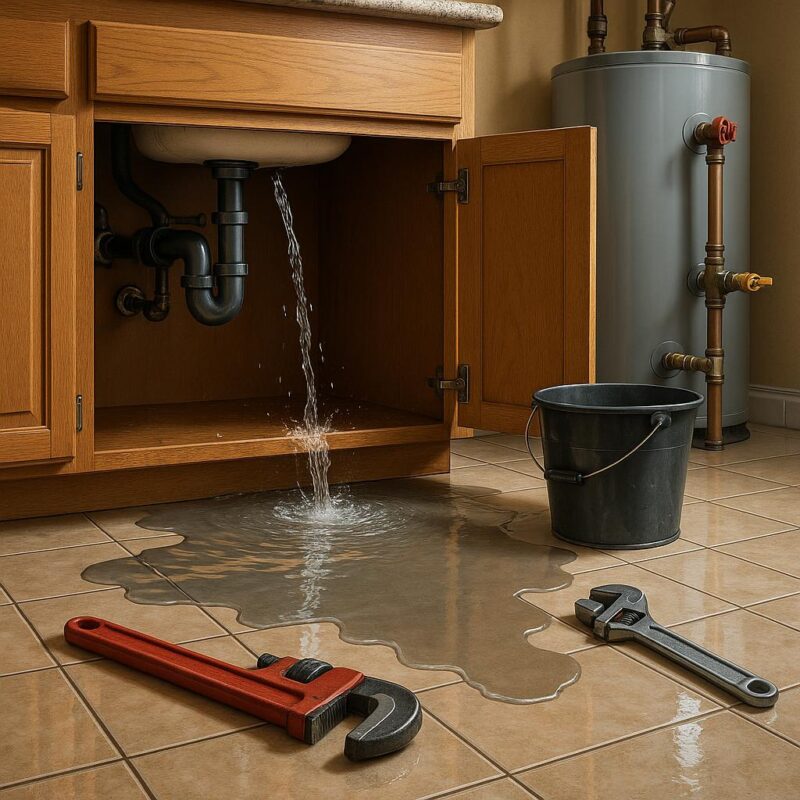 Photorealistic illustration of a residential plumbing emergency with water pooling under a kitchen sink and plumbing tools on the floor.