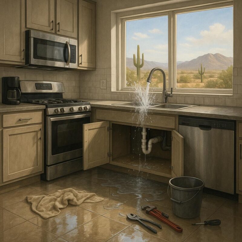 Photorealistic illustrated scene of a North Las Vegas home kitchen with water on the floor and a burst pipe under the sink, representing a plumbing emergency.