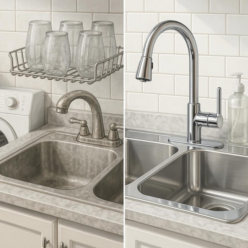 Photorealistic illustration of a split kitchen scene showing effects of hard water with scale buildup versus clean fixtures and glassware from filtered water.
